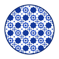 Porcelain plate with traditional blue on white design in Asian style. design pattern for background, plate, dish, bowl, lid, tray, salver, vector illustration art embroidery. Morrocco star pattern.
