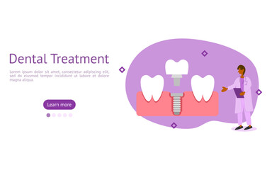 dental prosthetics illustration set. dentist inserts implant body into gum to prepare abutment with crown. dental implant treatment concept vector.