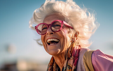 Close-up portrait of an older woman with white hair and colored glasses, she looks serene and happy