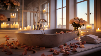 A tranquil bathroom setting. Preparation for relaxation concept. Relaxation in the bathroom.