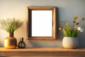 Boho interior with blank artwork mockup frame on the wall, plant on wooden table, Scandinavian style
