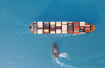 Top view of International Container ship loading, unloading at sea port, Freight Transportation,...