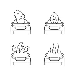 Car crash, accident of transport, line art icon set. Broken vehicle, fire, smoke. Vector outline