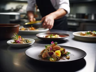 Keuken spatwand met foto gourmet dish being prepared in a high-end restaurant kitchen © Alex