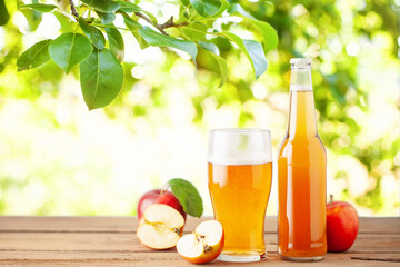 Boozy Refresing Cold Hard Apple Cider in a Pint Glass and Bottle on wooden table. Copy space
