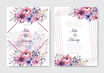 Card with pink and purple flower leaves wedding ornament concept floral poster invite wtercolor vector
