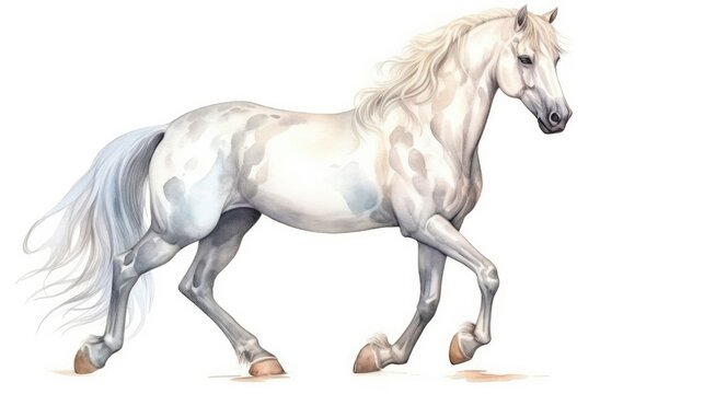 The beautiful white stallion watercolor is playful and delightful. (Illustration, Generative AI)