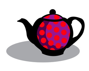 Tea time. Purple teapot with red polka dot pattern. Isolated image.