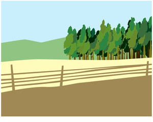 Obraz premium Outskirt. Edge of the village. A grove of trees and green hills beyond the fence.
