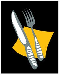 Table setting. Cutlery, knife and fork on a yellow napkin.