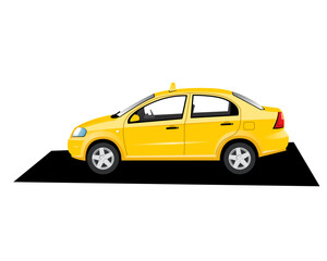 A yellow taxi car is waiting for its client in the parking lot.