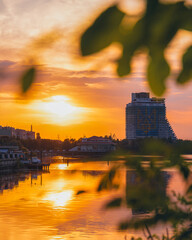Panoramic view of the city of Dnipro during sunset or sunrise. Amazing sunset at Dnipro river with...