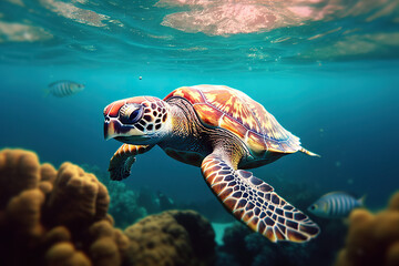 Obraz premium Celebrating World Oceans Day Illustration of Underwater Turtle, a Majestic Sea Creature. created with Generative AI