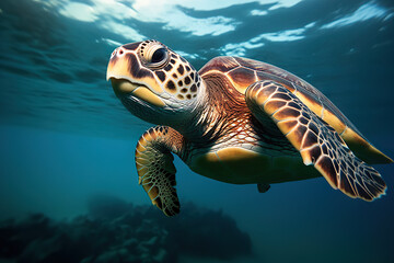 Fototapeta premium Embracing World Oceans Day A Majestic Turtle Gliding Through the Ocean Depths. created with Generative AI