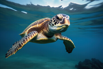 Fototapeta premium Embracing World Oceans Day A Majestic Turtle Gliding Through the Ocean Depths. created with Generative AI