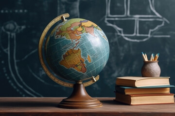 
Globe and books on the table. Back to school concept. Generative AI.
