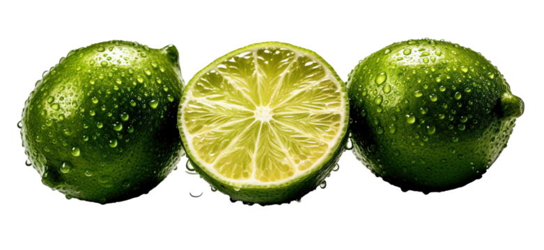 three very fresh lime slices with water isolated on transparent background
