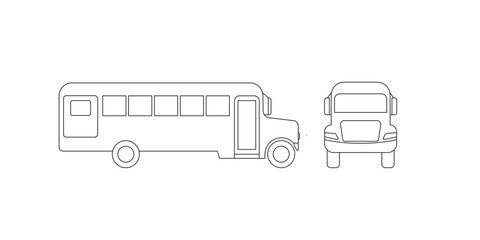 School bus transport for moving students children, model coloring line icon. Passenger kids transport. Public transportation side and front view. Vector