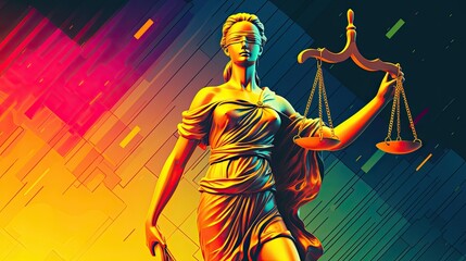 Colorful ilustration of a statue of Lady Justice holding a scale of justice