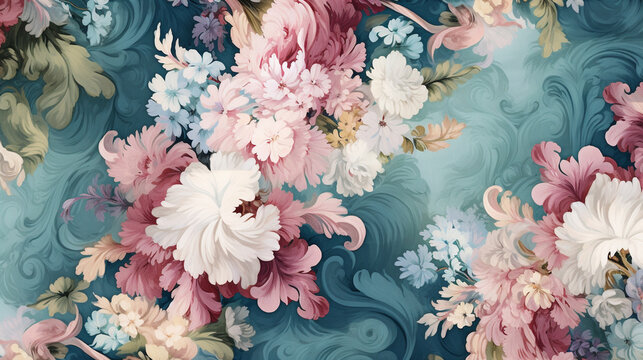 Vintage Rococo Flower Fabric Pattern in Blue, White, Pink, and Green - 17th Century French Parisian Inspired Pastel Floral Background or Wallpaper - Generative AI
