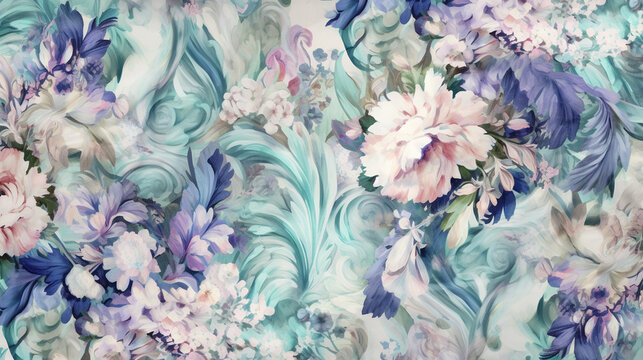 Vintage Rococo Flower Fabric Pattern In Blue, White, Pink, And Green - 17th Century French Parisian Inspired Pastel Floral Background Or Wallpaper - Generative AI