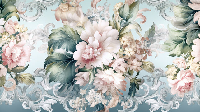 Vintage Rococo Flower Fabric Pattern in Blue, White, Pink, and Green - 17th Century French Parisian Inspired Pastel Floral Background or Wallpaper - Generative AI