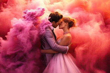 Photo of a couple kissing in front of a pink smoke cloud