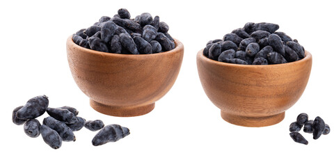 Fresh ripe honeysuckles berries in a wooden bowl isolated on transparent background png