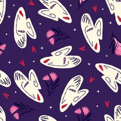 Purple Vibrant Feminine Aesthetic pattern with abstract painted faces and rose flowers