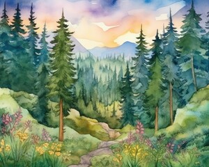 Majestic forest with mountains and greenery in watercolor. (Generative AI)