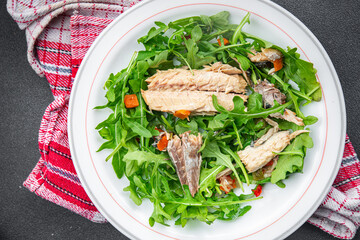 sardine salad green leaves salad mix healthy meal food snack on the table copy space food background rustic top view keto or paleo diet vegetarian pescatarian diet