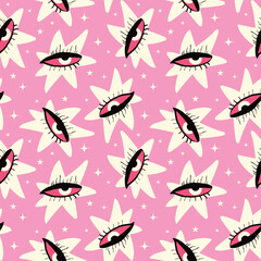 Pink Vibrant Feminine Aesthetic pattern with abstract painted faces and rose flowers