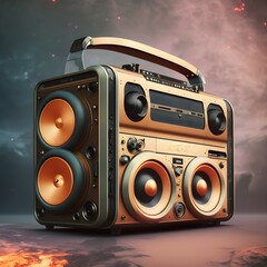 retro-futuristic boom box close-up AI illustration with rose gold and grey theme , metalic texture and fully detailed