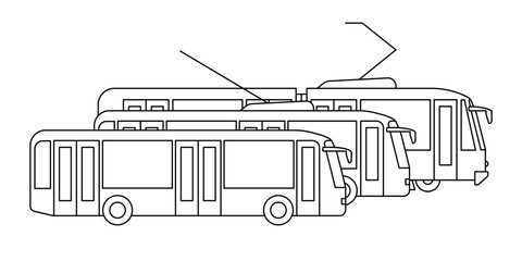 Bus, tram and trolleybus for moving around city, public transportation model coloring line icon. Passenger transport. Side view. Vector