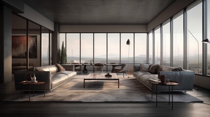An expansive living space. Geometric shapes, innovative materials, and large windows that allow for an abundance of natural light. Generative AI