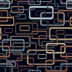 Seamless geometric abstract pattern with intersecting colorful rectangles and squares on a black background. Vector illustration for textile, wrapping, packaging,  print, web, and decorative projects.