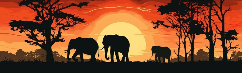 Fototapeta na wymiar Silhouette of elephants in savanna at sunset. Vector illustration with AI-Generated Images