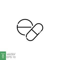 Pill icon. Simple outline style. Tablet, round pill, medical pharmacy, medicine with cross sign, health concept. Thin line symbol. Vector illustration isolated on white background. EPS 10.