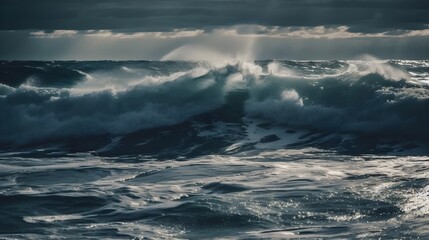Obraz premium A big wave at the open sea in the afternoon, dark sky, rain and storm is about to come. Generative AI technology.