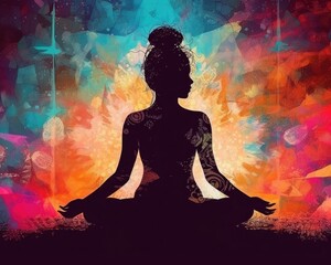 Women's silhouette in lotus position on positive energy background. (Illustration, Generative AI)