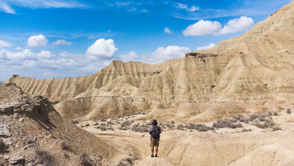 Fototapeta na wymiar Panoramic view of the colored stone desert and traveler on his back walking on the rocks