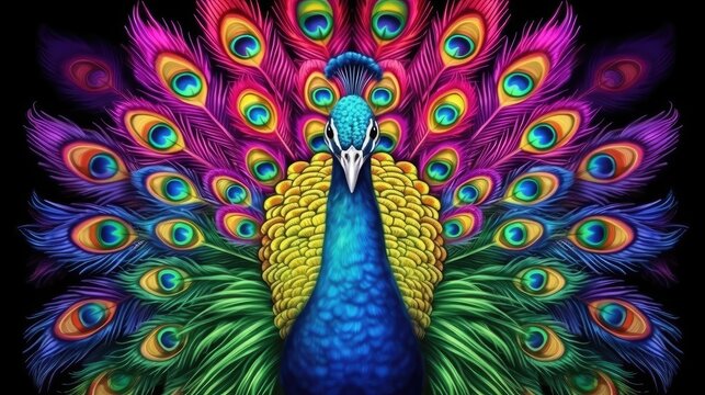 A rainbow colored peacock on black. (Illustration, Generative AI)
