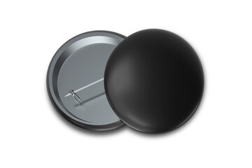 Black round badge, pin button mockup isolated. 3d rendering. front and black side.
