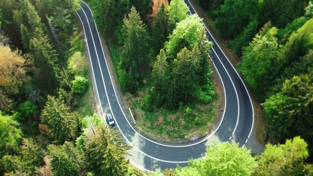 Aerial view a scenic mountain road in a coniferous forest. Car drives along a twisting road in alpine terrain. Scenic serpentine uphill path in the light of sunset on a sunny day. 4k footage