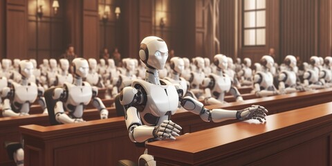 Robot judge, representing the ethical dilemmas and challenges posed by ai and automation in the legal field , concept of Artificial intelligence accountability, created with Generative AI technology