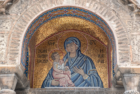 The Madonna and Baby Jesus in Mosaic Above the Entrance of a Byzantine Church in Athens Greece