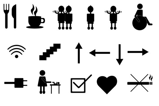 Set of Wayfinding signage. Black bisiness icons with people, cup of tea, wi-fi, buffet and other symbols isolated on white background. Vector illustration.