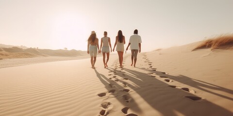 Rear view of a group of friends walking together on a sandy beach, leaving footprints in the sand as they enjoy each other s company, concept of Companionship, created with Generative AI technology