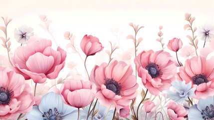 Beautiful pink and purple flowers watercolor painting style with white background. Best for card invitation, wide banner, header website, poster, and more graphics resources editing