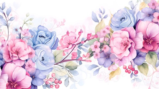Beautiful pink and purple flowers watercolor painting style with white background. Best for card invitation, wide banner, header website, poster, and more graphics resources editing